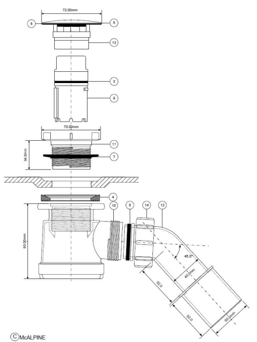 Technische Zeichnung des Duschablaufs mit Maßangaben: Ø50–55 mm Ablaufloch, Bauhöhe 90 mm, 45° Ablaufbogen, Anschluss Ø40/50 mm